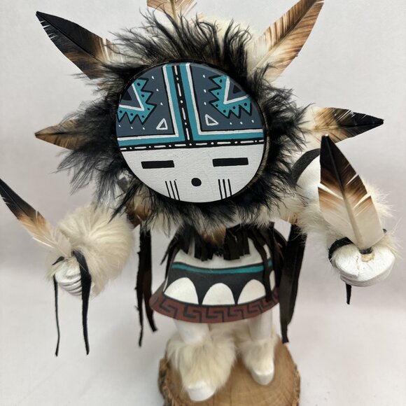 Vintage Hand Crafted Signed Sun Face Kachina Doll on Wood Base 12" Tall - Picture 2 of 6